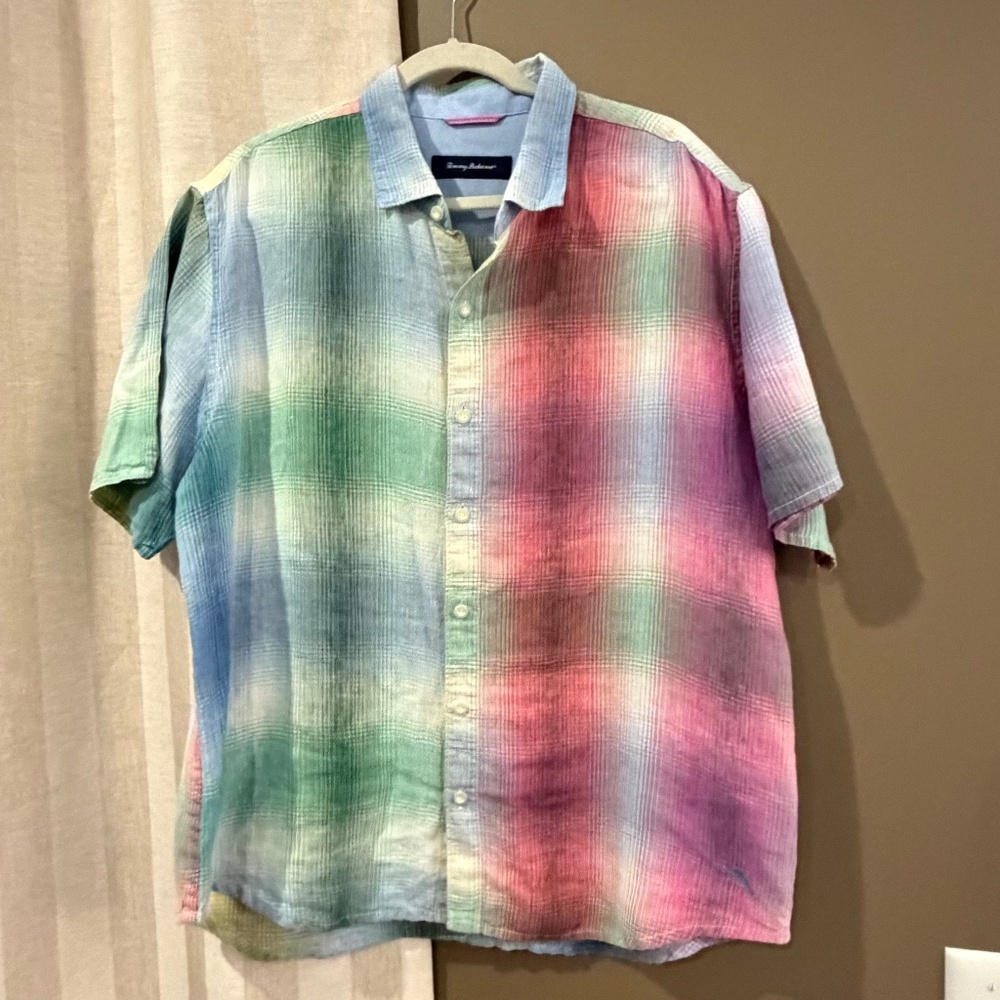 Tommy Bahama Men's Multicolor Ombre Plaid Linen Short Sleeve, Vacation, Size XL